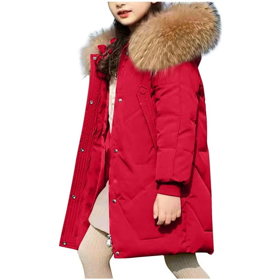 Rohuuque Winter Parka Jacket for Children Long Thicken Solid Color Coats Zipper Detachable Hat Ski Outerwear Coat Clothes Red