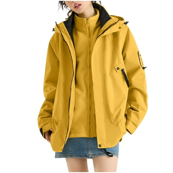 ZQUUVOU Women's 3 in 1 Winter Jacket Parka Snow Ski Jacket Set Thermal Fleece Lined Jacket with Zippered Pockets Windproof Waterproof Coat Yellow