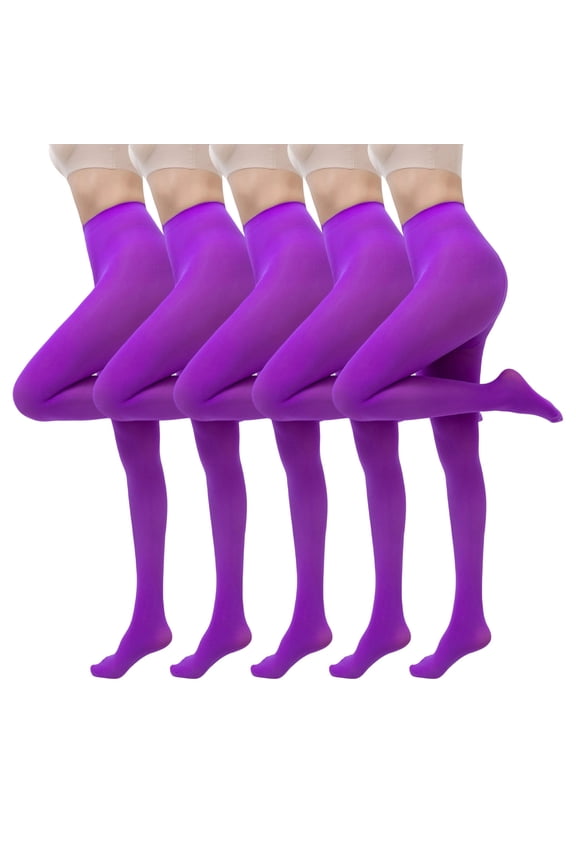 ZQUUVOU Women's 5PC Opaque Pantyhose Solid Color Soft Tights with Multi-Colors Stretchable High Waist Stocking Bodysuit Purple A