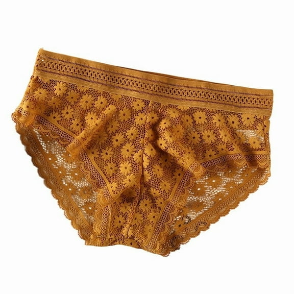 Rohuuque Women's Black Lace Panties Sheer Lace Panties Mesh Cut Out Breathable Cotton Elastic Birefs Low Rise Underwear Yellow