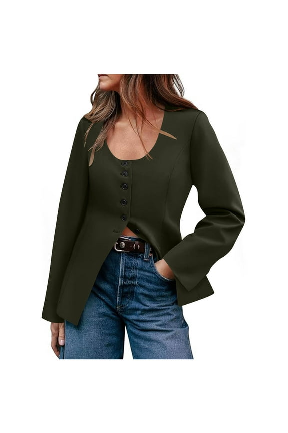 Women's Blazer Business Casual Scoop Neck Split Hem Fitted Suit Jackets Button Down Cardigan Blazer Top Jacket Olive Green