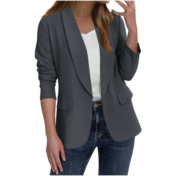 Rohuuque Women's Blazer Business Casual Solid Color Shawl Collar Suits Jackets Fashion Long-sleeved Cardigan Jacket Coat with Pocket Dark Gray
