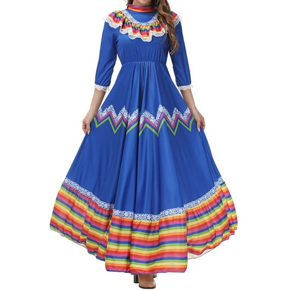 ZQUUVOU Women's Bohemian Dance Skirt with Full Flared Hem Flowy Maxi Gypsy Style Skirt for Belly Dance and Performance Wear Blue