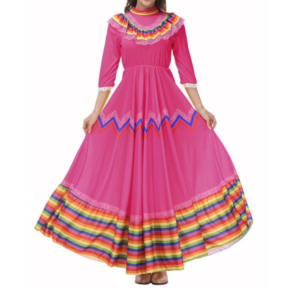 ZQUUVOU Women's Bohemian Dance Skirt with Full Flared Hem Flowy Maxi Gypsy Style Skirt for Belly Dance and Performance Wear Hot Pink