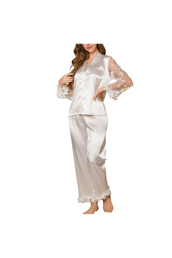 Women's Bridal Pajamas Set Butterfly Embroidery Sheer Mesh Satin Pajama Set Delicate Lace Trim Sleepwear White