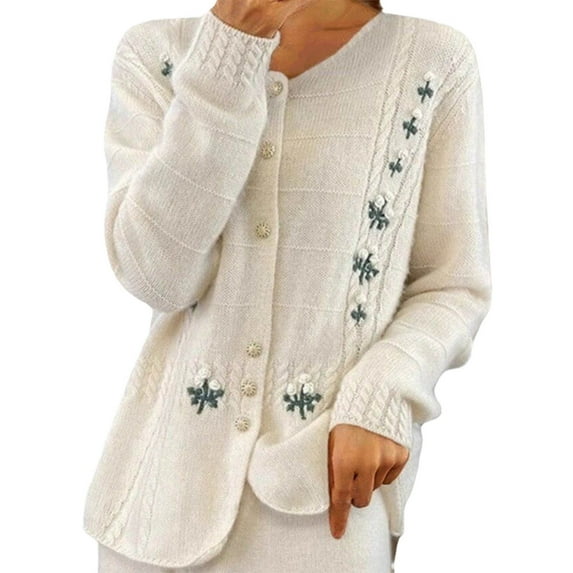 Rohuuque Women's Cardigan Sweaters Fall Winter Vintage Crew Neck Embroidered Jacquard Knitted Cardigan Sweater Jacket Beige