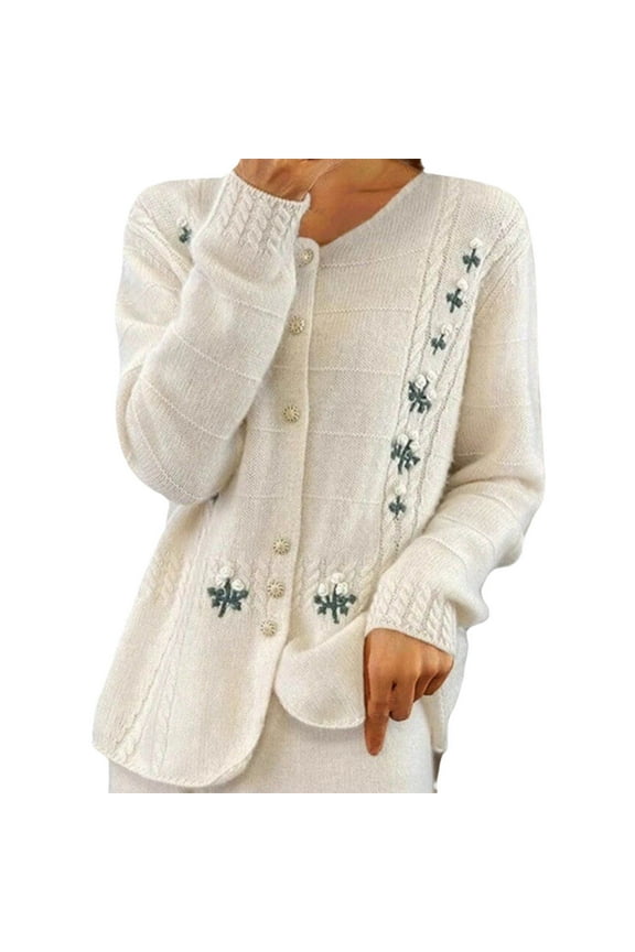 Women's Cardigan Sweaters Fall Winter Vintage Crew Neck Embroidered Jacquard Knitted Cardigan Sweater Jacket Beige