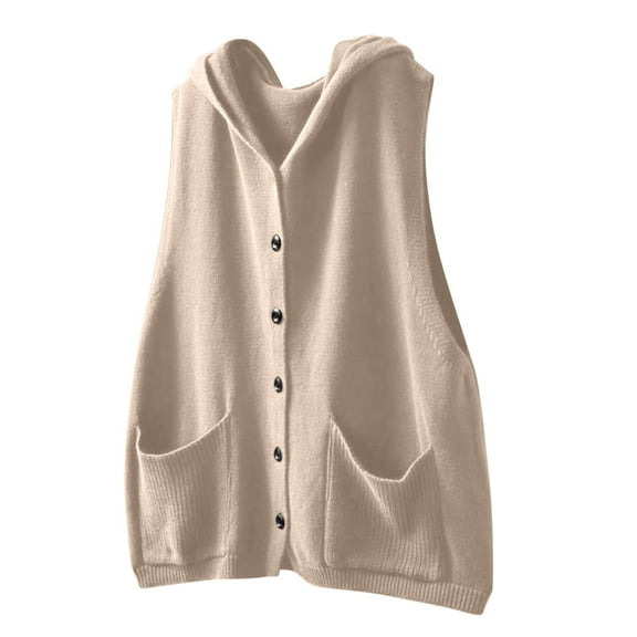 Rohuuque Women's Cardigan Sweaters Hooded Knit Vest Sleeveless Cardigan Button Front V Neck Hoodies with Pocket Beige