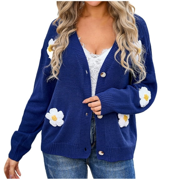 ZQUUVOU Women's Cardigan Sweaters Lightweight Button Front Floral Embroidered Cardigan V-neck Long Sleeve Sweater Jacket Dark Blue