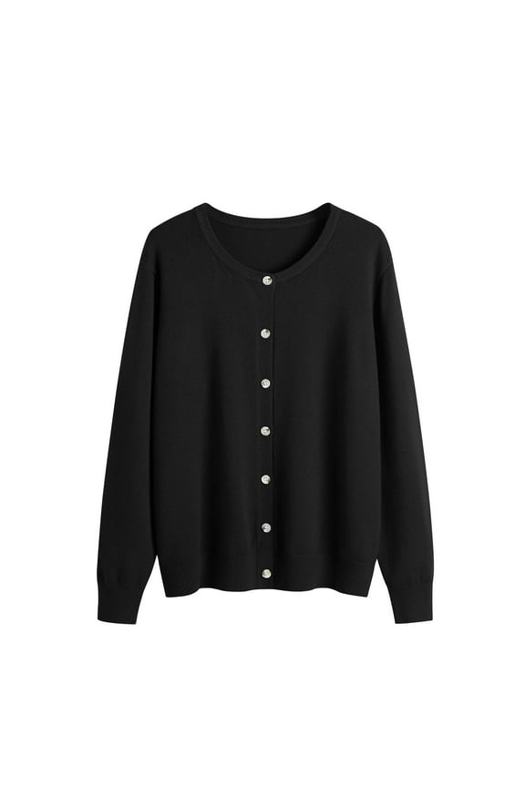 Rohuuque Women's Cardigan Sweaters Lightweight Solid Crew Neck Sweater Jacket Cardigan Button Front Cover Up Tops Black