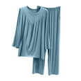thumbnail image 1 of Rohuuque Women's Cotton Modal Pajamas V Neck Pleated Top with Tie Waist Wide Leg Pants Set Flowy Loungewear 2 Piece Outfit Blue, 1 of 4