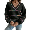 thumbnail image 1 of Rohuuque Women's Cropped Striped Sweater Long Sleeved Pullover Loose Sweater V-neck Contrasting Vintage Blouse Tops Black, 1 of 7
