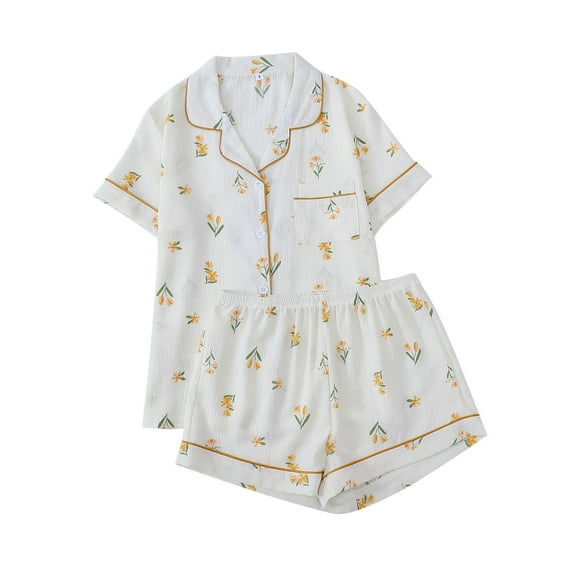 ZQUUVOU Women's Cute Pajamas Set Lightweight Cotton Soft Pajamas Collar Button Up Tops with Pocket and Short PJ Set Yellow