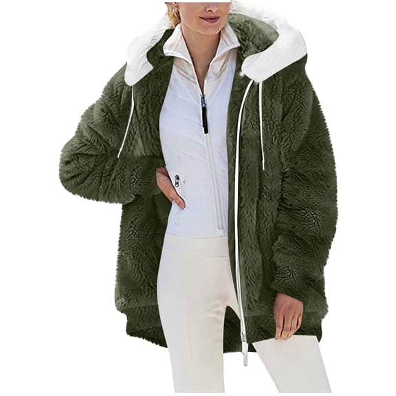 Rohuuque Women's Eared Hooded Fleece Jacket Zip Up Long Sleeve Plush Jacket with Pockets Oversized Casual Thick Warm Coat for Winter Olive Green