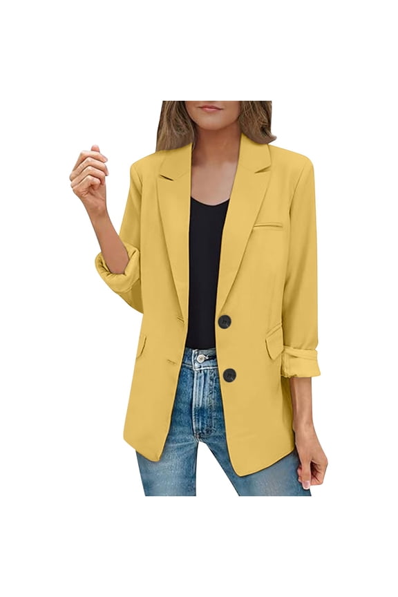 Rohuuque Women's Fall Business Casual Blazers Open Front Button Long Sleeve Work Office Blazer Jacket with Shoulder Pads Fall Fashion Yellow