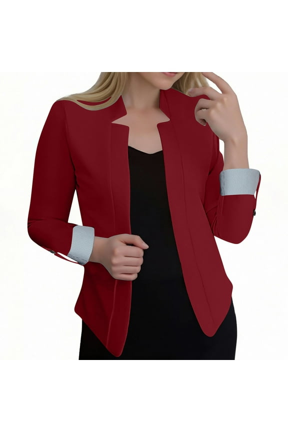 Rohuuque Women's Fall Business Casual Blazers Ruched 3/4 Sleeved Solid Color Suits Jackets Fashion Cardigan Jacket Coat Outerwear Burgundy