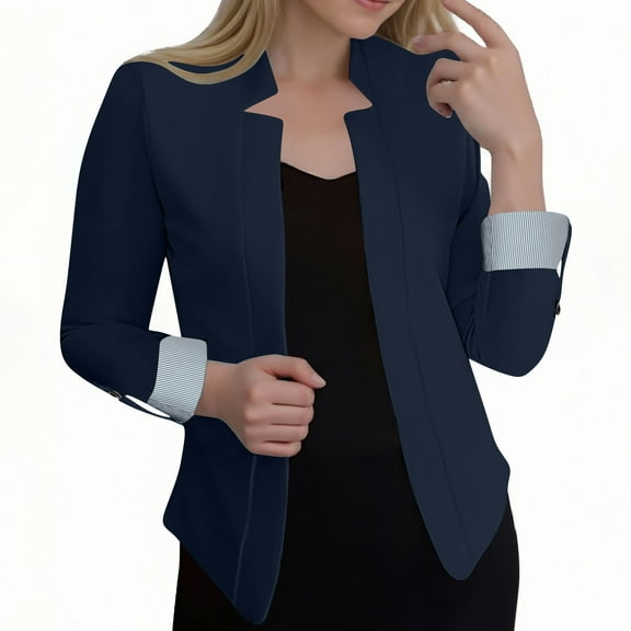 Rohuuque Women's Fall Business Casual Blazers Ruched 3/4 Sleeved Solid Color Suits Jackets Fashion Cardigan Jacket Coat Outerwear Navy