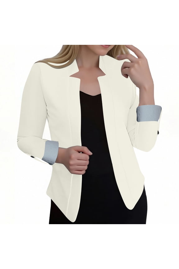 Rohuuque Women's Fall Business Casual Blazers Ruched 3/4 Sleeved Solid Color Suits Jackets Fashion Cardigan Jacket Coat Outerwear White