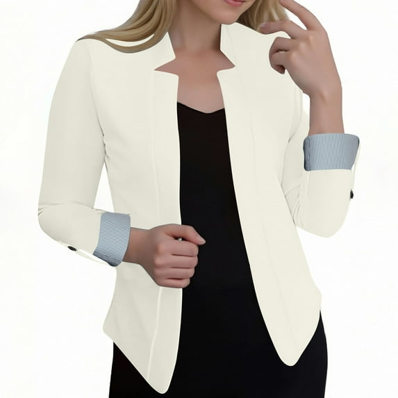 Rohuuque Women's Fall Business Casual Blazers Ruched 3/4 Sleeved Solid Color Suits Jackets Fashion Cardigan Jacket Coat Outerwear White