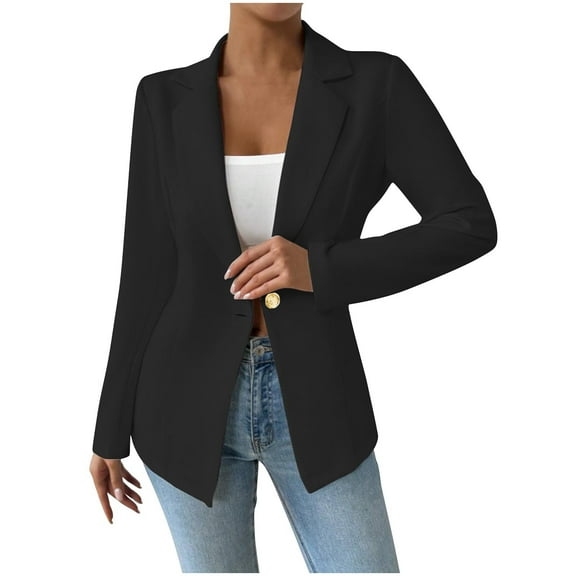 Rohuuque Women's Fall Business Casual Blazers Solid Color Blouses Long Sleeved Notched Lapel Fashionable Top Blouse Button Silm Coat Black