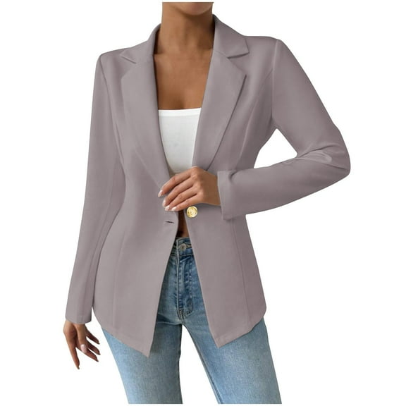 Rohuuque Women's Fall Business Casual Blazers Solid Color Blouses Long Sleeved Notched Lapel Fashionable Top Blouse Button Silm Coat Gray