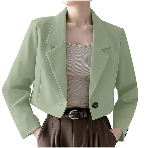 Rohuuque Women's Fall Business Casual Blazers Trendy Open Front Cropped Suit Jackets Notched Lapel Long Sleeved Office Wear Mint Green