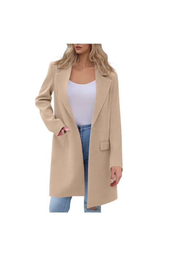 Rohuuque Women's Fall Business Casual Long Blazers Fashion Solid Pocketed Suit Coat Long Sleeve Open Front Casual Peacoat Khaki