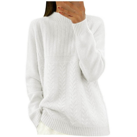 Rohuuque Women's Fall Cable Knit Sweater Casual Long Sleeve Crewneck Sweater Soft Cozy Knit Tops Loose Blouse for Daily Outfits White