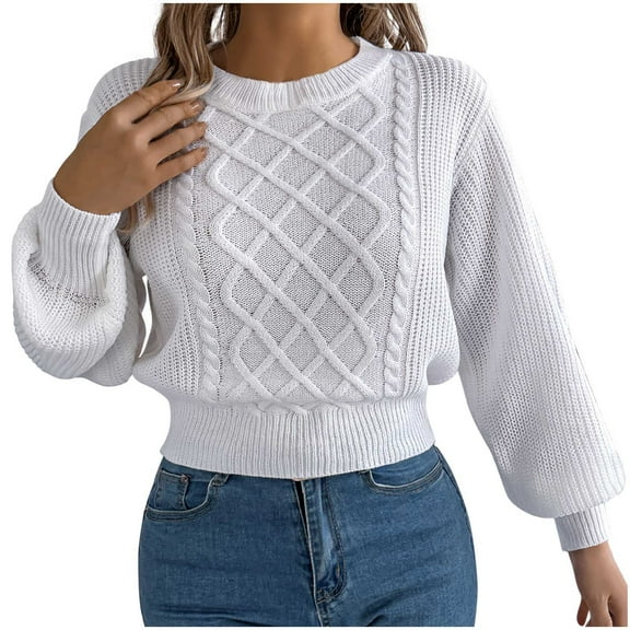 Rohuuque Women's Fall Cropped Sweater Cable Knit Crewneck Sweater with Puff Lantern Sleeve Blouse Fall Fashion Wear White