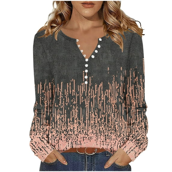 Rohuuque Women's Fall Long Sleeve Tops Button Down Henley V Neck Shirts Dressy Casual Loose Printed Trendy Blouses Dark Gray