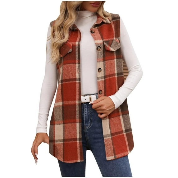 Rohuuque Women's Fall Long Vest Casual Plaid Sleeveless Jacket with Lapel Collar Open Front Design for Layered Looks Orange