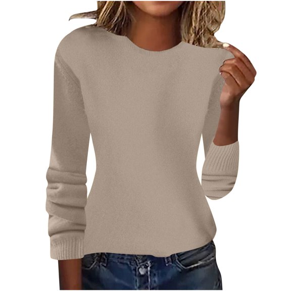 ZQUUVOU Women's Fall Silm Sweater Solid Color Crew Neck Pullover Ribbed Knit Sweater Long Sleeved Inner Outer Base Shirt Tops Khaki