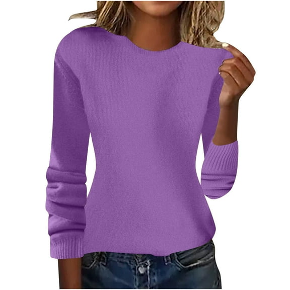 ZQUUVOU Women's Fall Silm Sweater Solid Color Crew Neck Pullover Ribbed Knit Sweater Long Sleeved Inner Outer Base Shirt Tops Purple