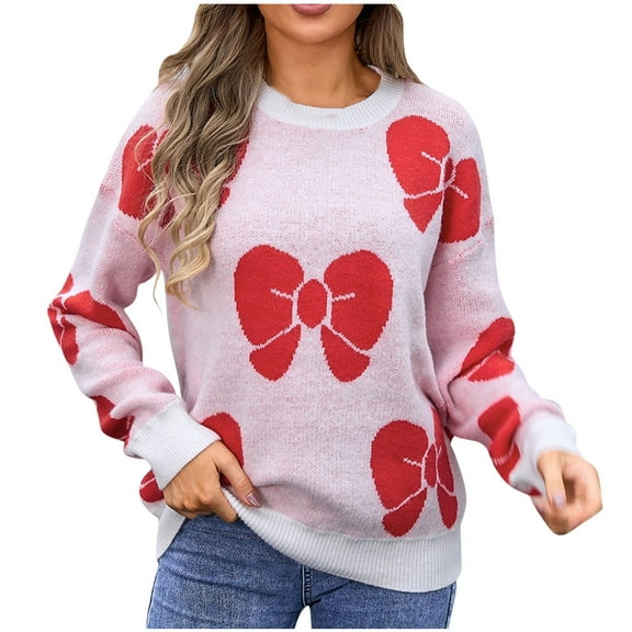 Rohuuque Women's Fall Sweater Bow Print Crewneck Sweater Pullover Long Sleeve Sweater with Bow Pattern Blouse Cute Casual Tops White