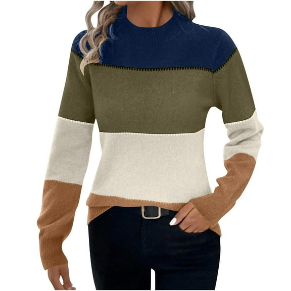 ZQUUVOU Women's Fall Sweater Color Block Knit Sweater Crew Neck Long Sleeve Ribbed Knit Loose Pullover Sweater Tops Beige