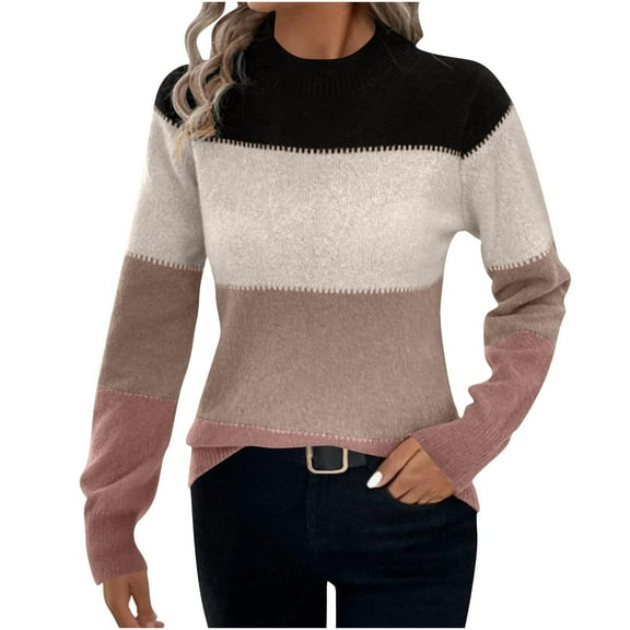 Rohuuque Women's Fall Sweater Color Block Knit Sweater Crew Neck Long Sleeve Ribbed Knit Loose Pullover Sweater Tops Black