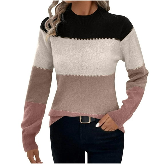 Rohuuque Women's Fall Sweater Color Block Knit Sweater Crew Neck Long Sleeve Ribbed Knit Loose Pullover Sweater Tops Black