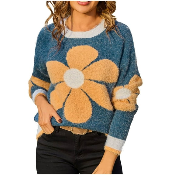 Rohuuque Women's Fall Sweater Floral Print Pullover Sweater Crewneck Long Sleeve Knit Top Cute Casual Comfortable Fall Fashion Blue