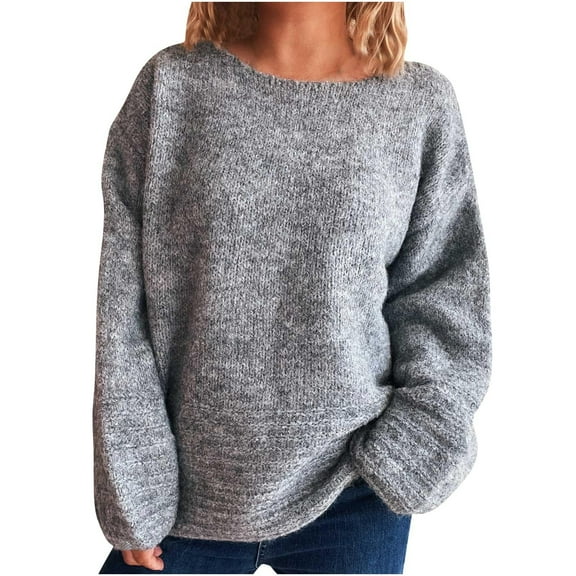 ZQUUVOU Women's Fall Sweater Solid Color Bell Sleeve Knit Sweater Crewneck Long Sleeve Tops Basic Pullover Cozy Lounge Wear Gray