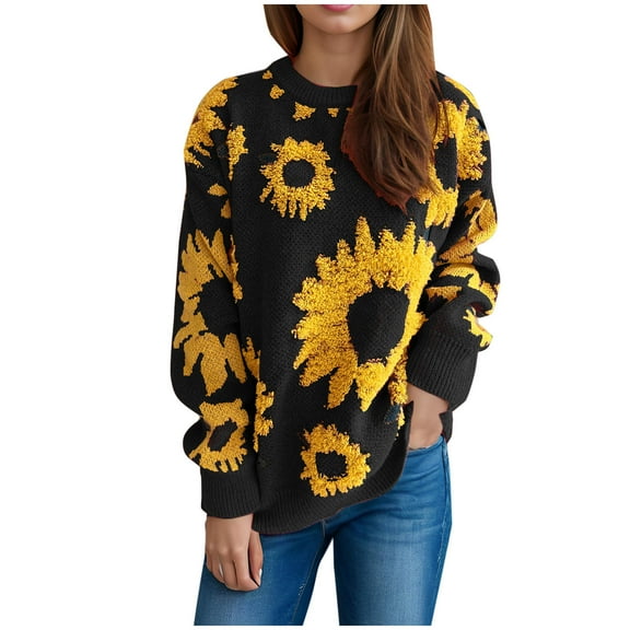 Rohuuque Women's Fall Sweater Sunflower Jacquard Knit Sweater Crewneck Long Sleeve Top Floral Pattern Pullover Black