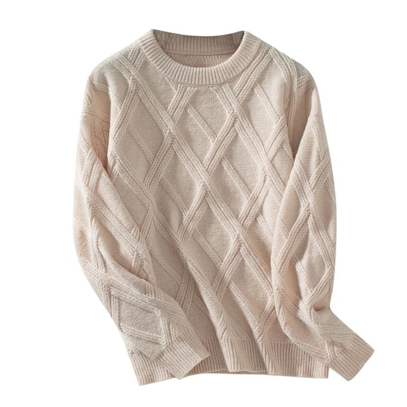 Rohuuque Women's Fall Trendy Swearter Solid Color Winter Loose Sweater Long Sleeve Crew Neck Argyle Knitted Sweater Tops Khaki