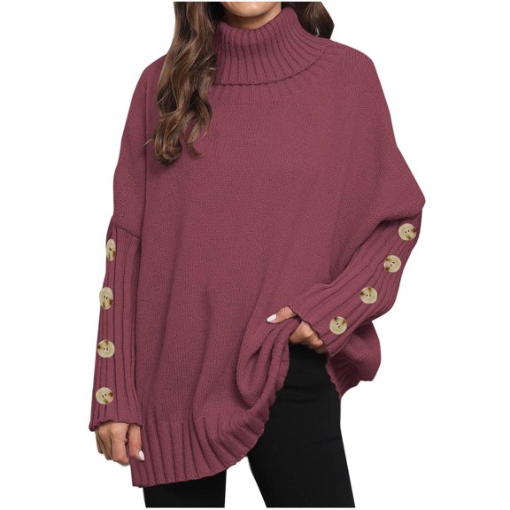 Rohuuque Women's Fall Trendy Swearter Solid Mock Neck Button Detail Long Sleeve Loose Knit Pullover Fall Winter Fashion Tops Burgundy