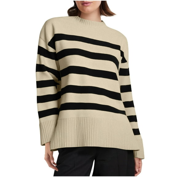 Rohuuque Women's Fall Trendy Swearter Striped Crew Neck Knitwear Casual Long Sleeve Knit Sweatshirt Pullover Tops Beige