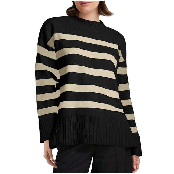 Rohuuque Women's Fall Trendy Swearter Striped Crew Neck Knitwear Casual Long Sleeve Knit Sweatshirt Pullover Tops Black