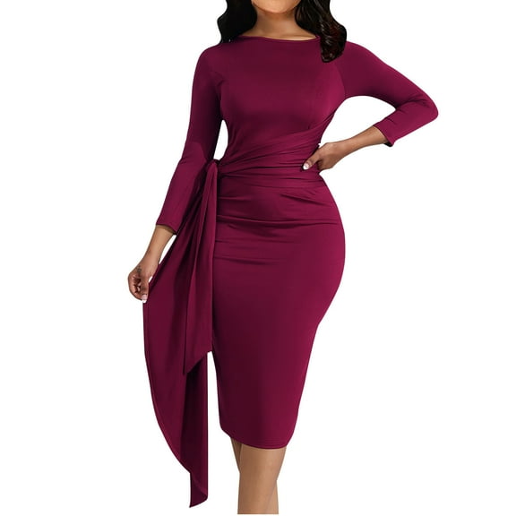 Rohuuque Women's Fall Winter Bodycon Dress Crew Neck Pleated Tie Waist Long Sleeve Knee Length Business Casual Dress Burgundy