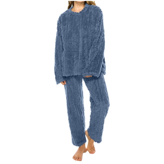 Rohuuque Women's Fall Winter Pajamas Set Jacquard Fleece Warm Sleepwear Set Long Sleeve Tops with Pants Lounge Home Wear Blue