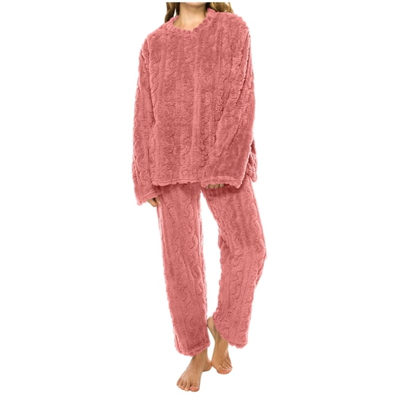 Rohuuque Women's Fall Winter Pajamas Set Jacquard Fleece Warm Sleepwear Set Long Sleeve Tops with Pants Lounge Home Wear Pink