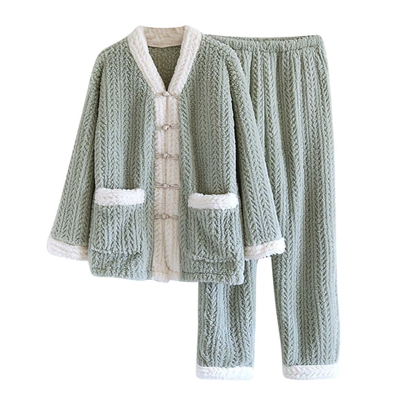 ZQUUVOU Women's Fall Winter Pajamas Set Plush Solid Fleece Pajama Set Thick Warm Comfortable Lounge Wear Sleepwear Green
