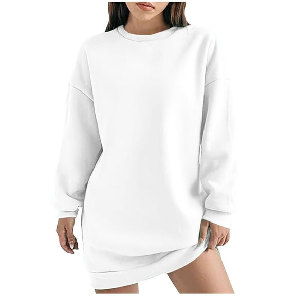 Rohuuque Women's Fall Winter Sweatshirt Crew Neck Long Sleeve Dress Solid Color Casual Knee Length Comfortable Loungewear White