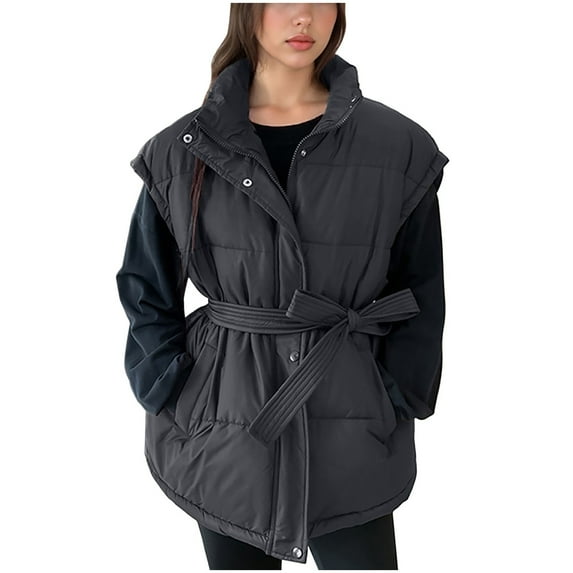 Rohuuque Women's Fashion Puffer Vest Solid Zipper Sleeveless Insulated Jacket with Belt Fall Winter Warm Trendy Outifts Black